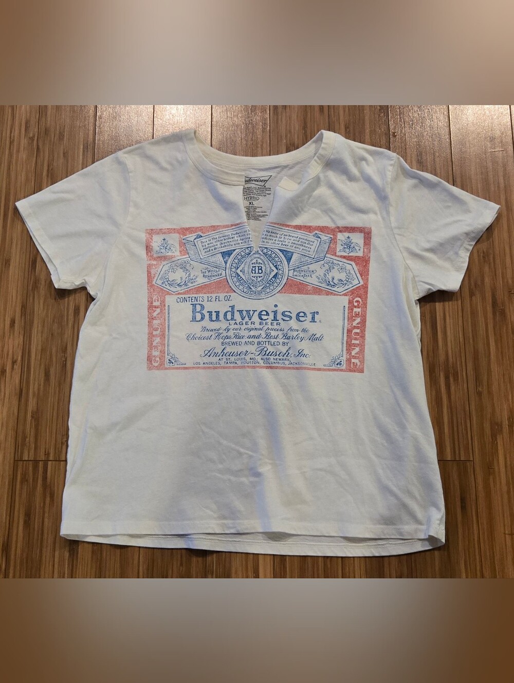 Hybrid Apparel Budweiser White Short Sleeve Tee with Red & Blue Label Graphic